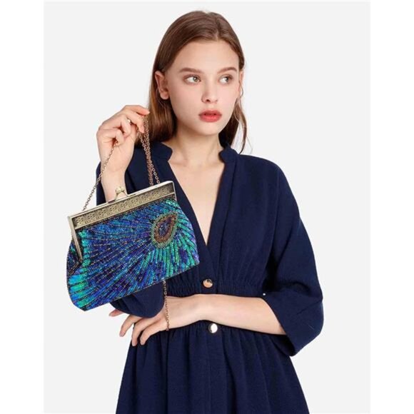 Womens Sequin Beaded Evening Bag Vintage Peacock Clutch Bags Wedding Party - Picture 2 of 7